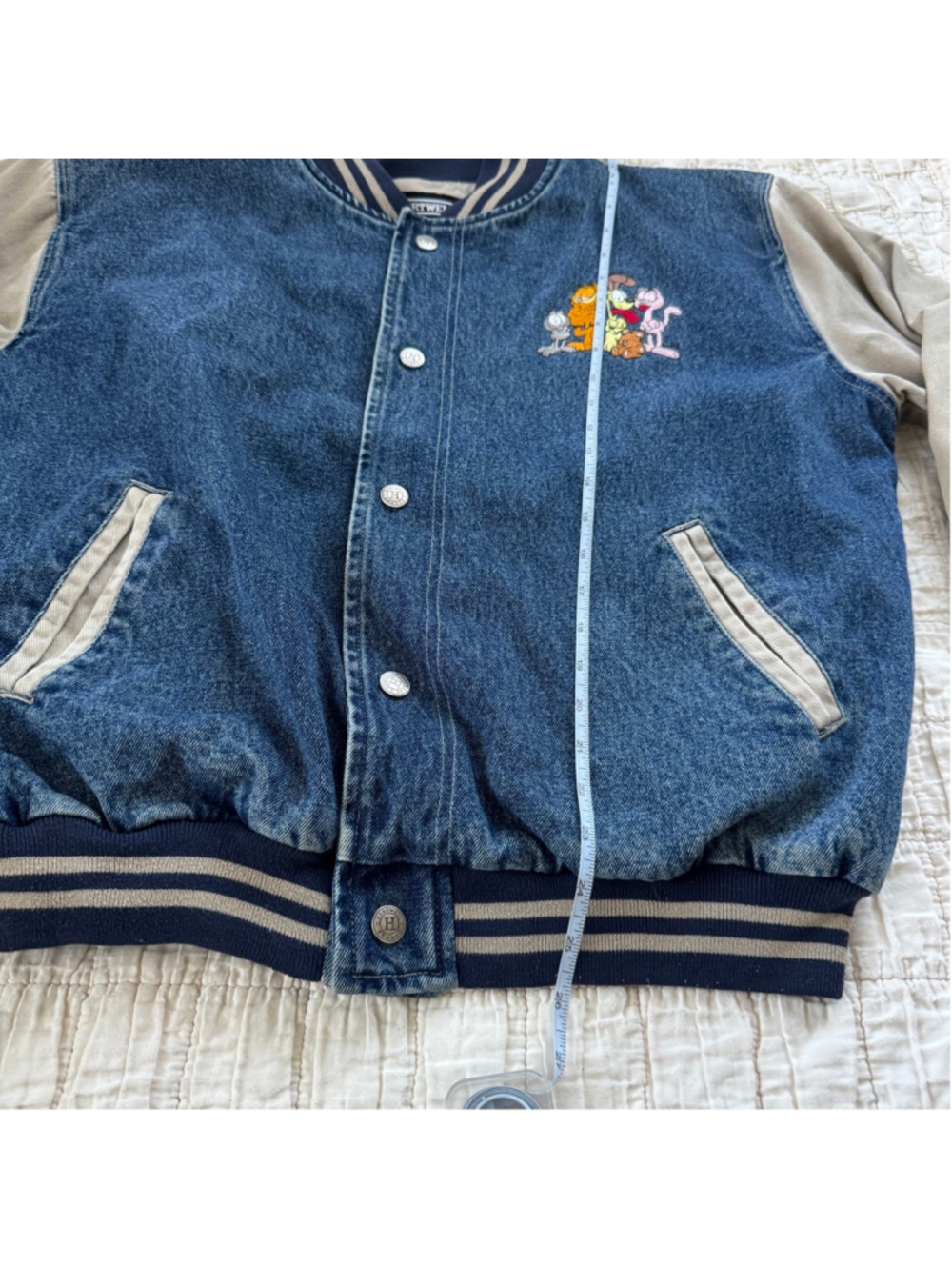 Vintage Hartwell ViaSport Garfield Varsity Bomber Denim Jacket • Size: L - Picture 8 of 10